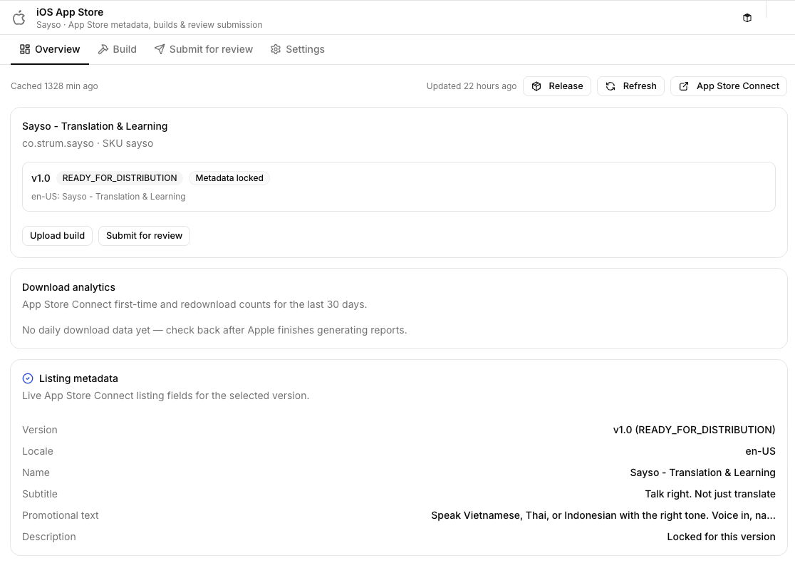 iOS App Store dashboard connected to App Store Connect