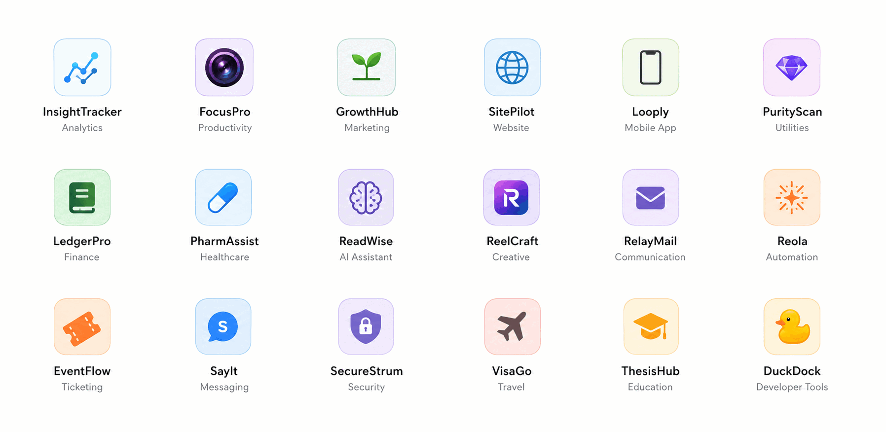 ProductRail products grid showing FocusLens, MacPurity, Relaybase, Reelbook, Reola, Loopl, and other apps with platform labels